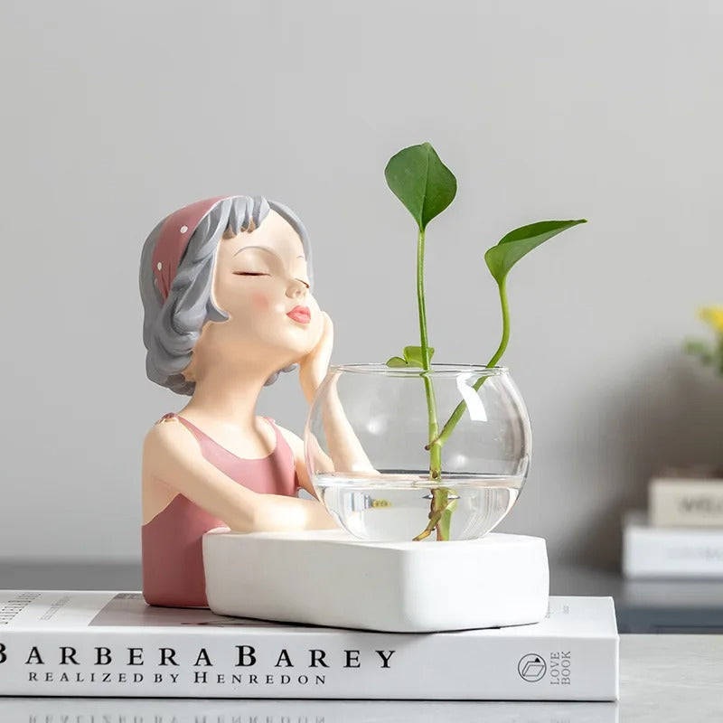 New Creative Girl Resin Sculpture Glass Hydroponic Vase with Lights Home Living Room Office Desktop Plant Decor Figurines Gift