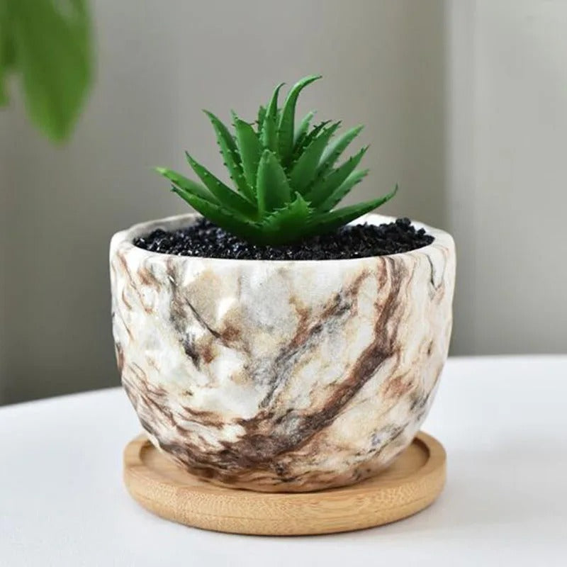 Nordic Style Porcelain Marble Grain Fleshy Plant Pot with Bamboo Tray – Bonsai Vase & Home Decor