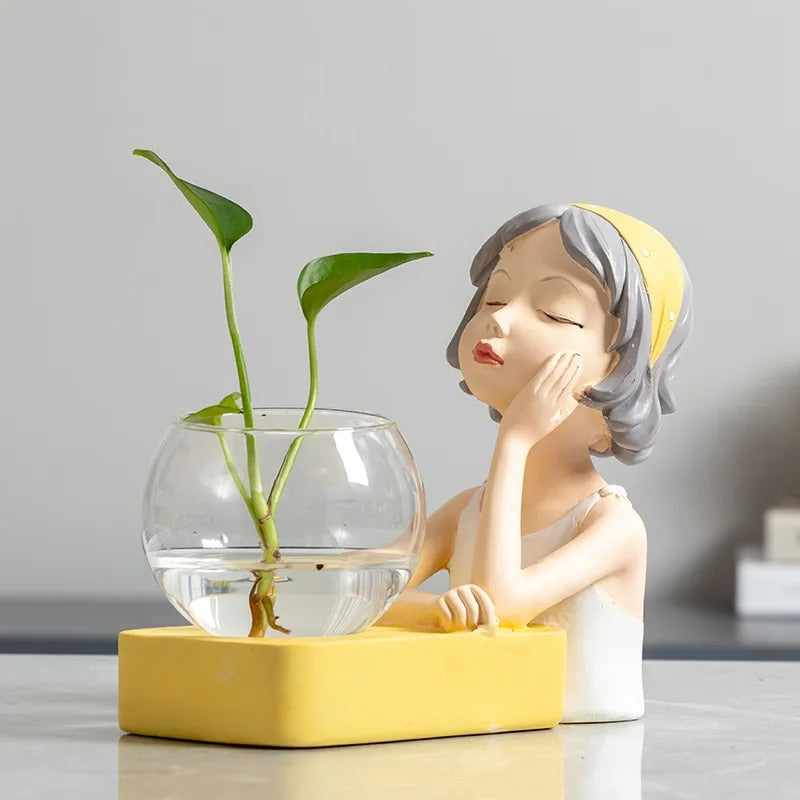 New Creative Girl Resin Sculpture Glass Hydroponic Vase with Lights Home Living Room Office Desktop Plant Decor Figurines Gift