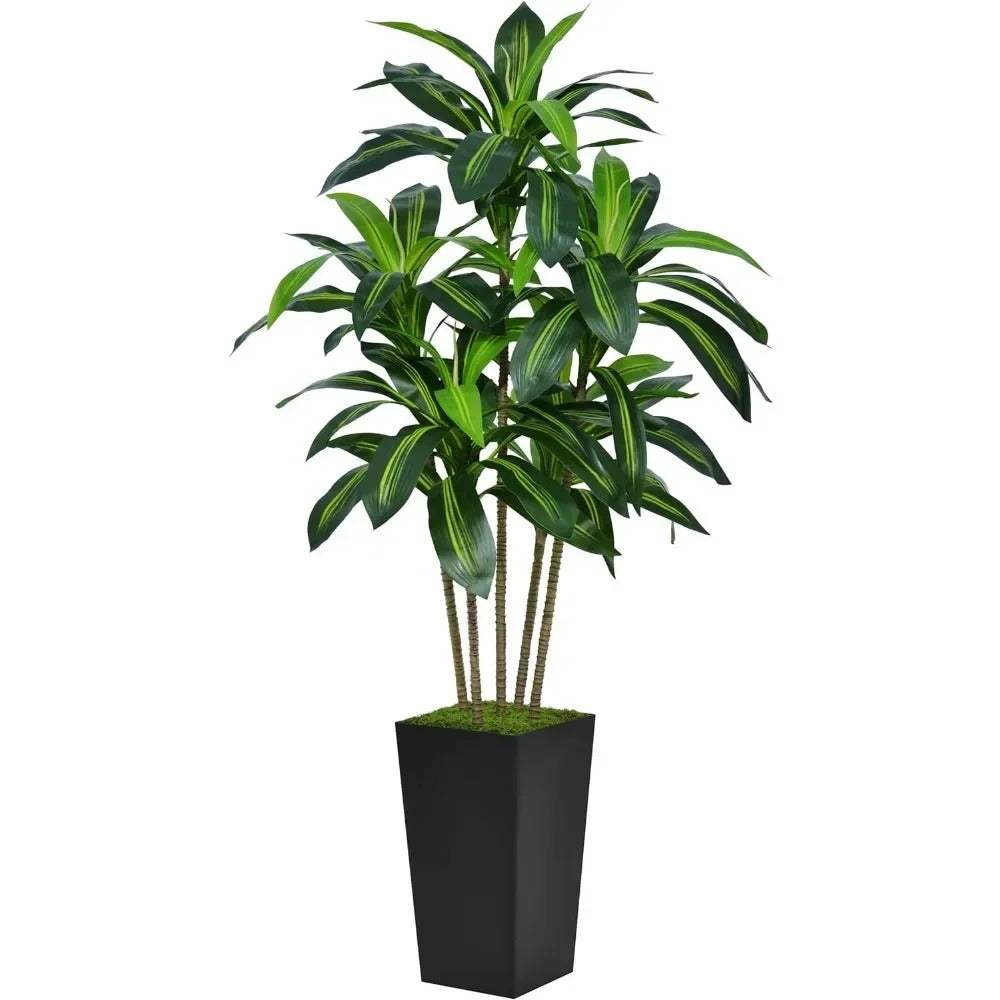 Artificial Dracaena Tree Tree with White Tall Planter - Fake Tropical Yucca Floor Plant in Pot
