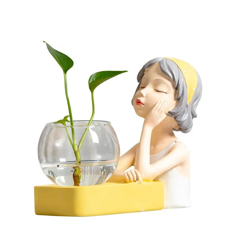 New Creative Girl Resin Sculpture Glass Hydroponic Vase with Lights Home Living Room Office Desktop Plant Decor Figurines Gift