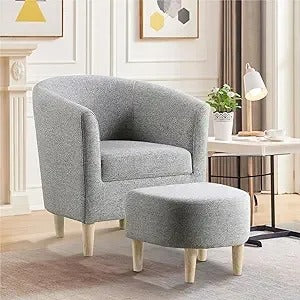 Mid-Century Barrel Chair with Ottoman - Corduroy Upholstered Club Tub Chair Set