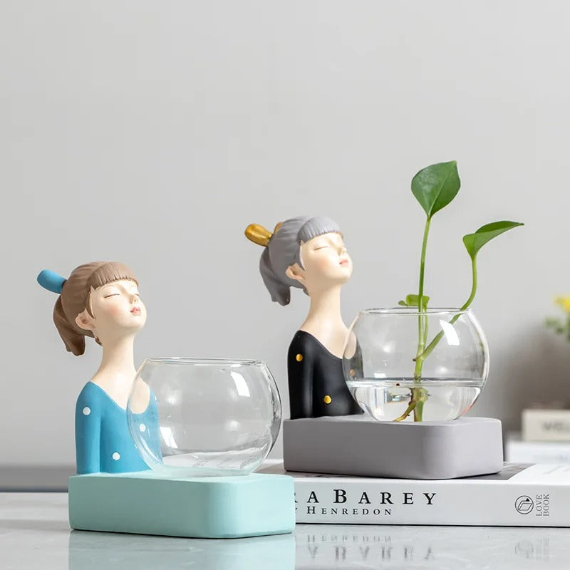 New Creative Girl Resin Sculpture Glass Hydroponic Vase with Lights Home Living Room Office Desktop Plant Decor Figurines Gift