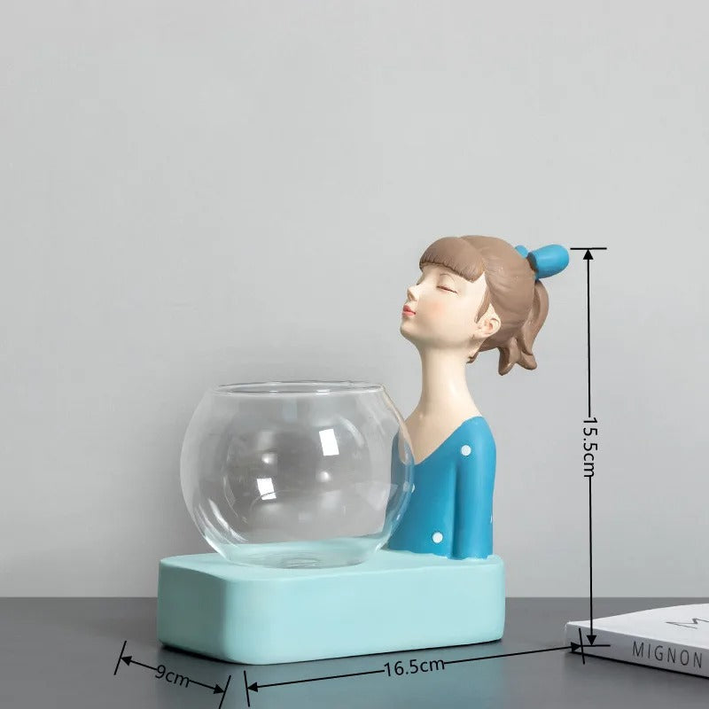 New Creative Girl Resin Sculpture Glass Hydroponic Vase with Lights Home Living Room Office Desktop Plant Decor Figurines Gift