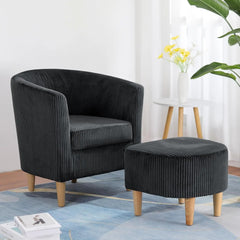 Mid-Century Barrel Chair with Ottoman - Corduroy Upholstered Club Tub Chair Set